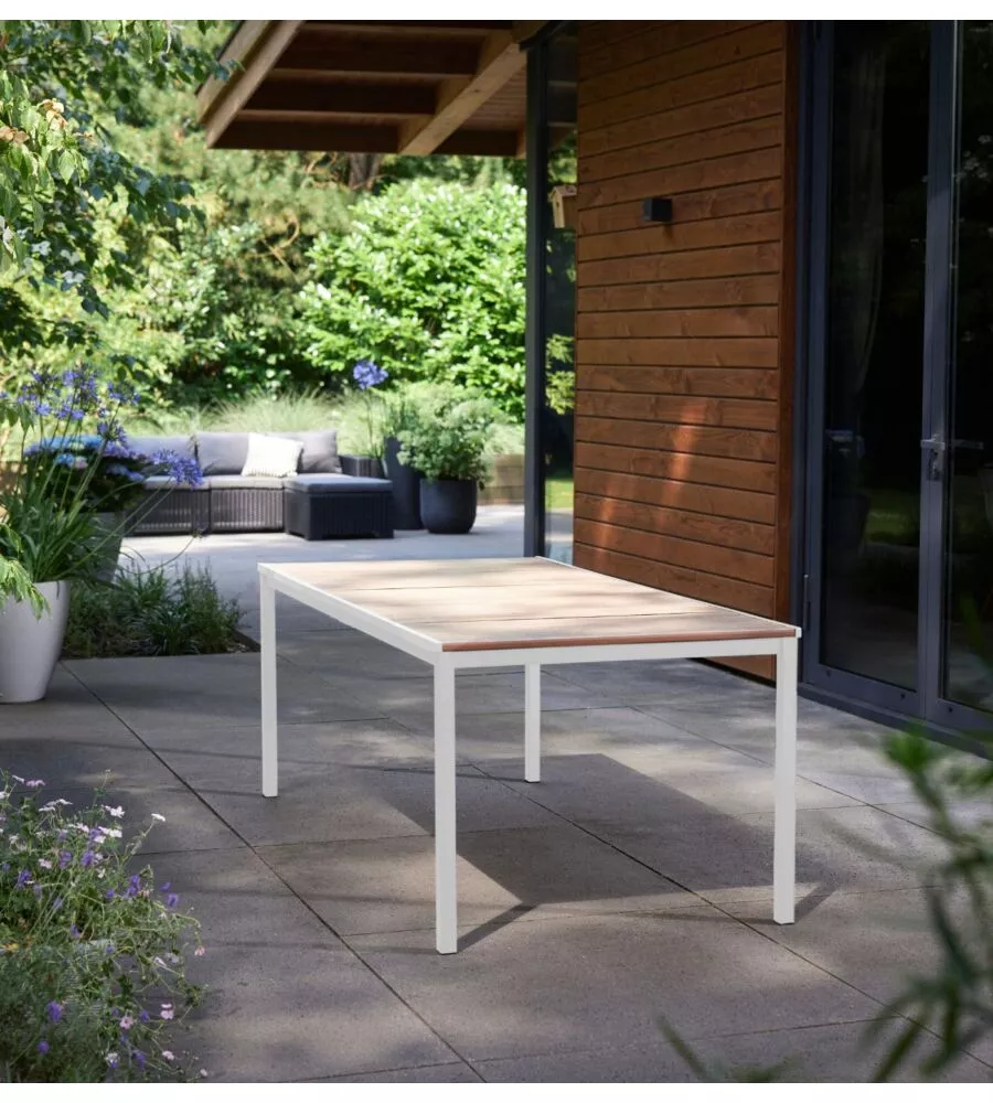 Tavolo da esterno keter "porto 200" in metallo bianco e piano effetto legno frassino 200x95x75 cm