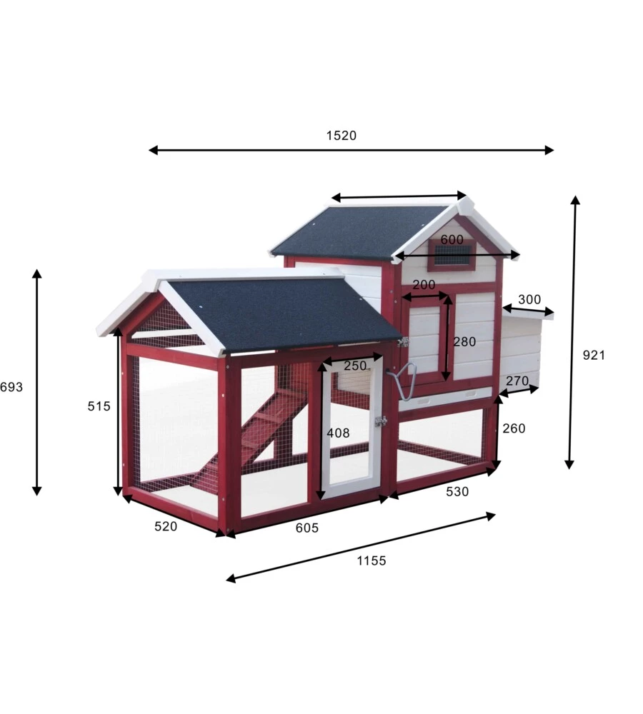 Casetta pollaio per galline in legno habrita 'po 1562' rosso e bianco 152x62x92 cm