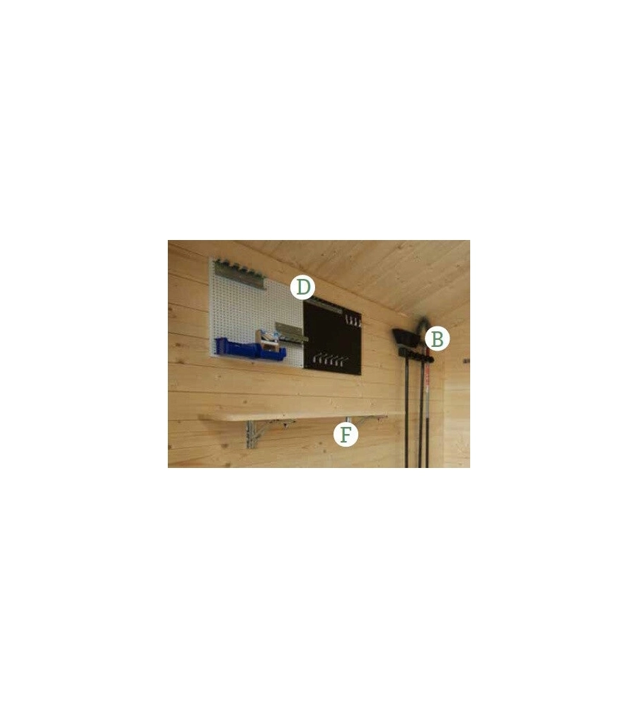 Kit organizzazione per casette in legno "kit 1" mensole, portascope, attaccapanni, pannello porta chiavi e cacciaviti