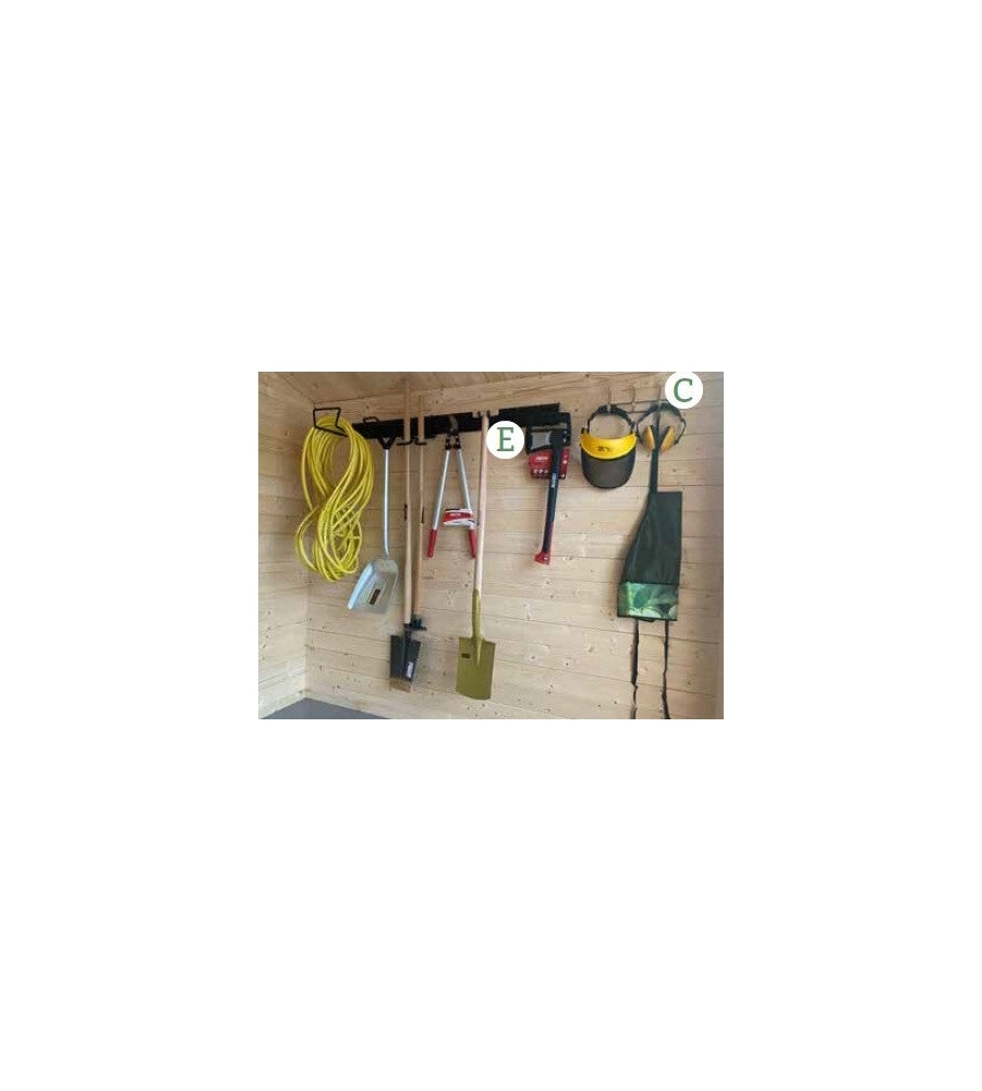 Kit organizzazione per casette in legno "kit 1" mensole, portascope, attaccapanni, pannello porta chiavi e cacciaviti