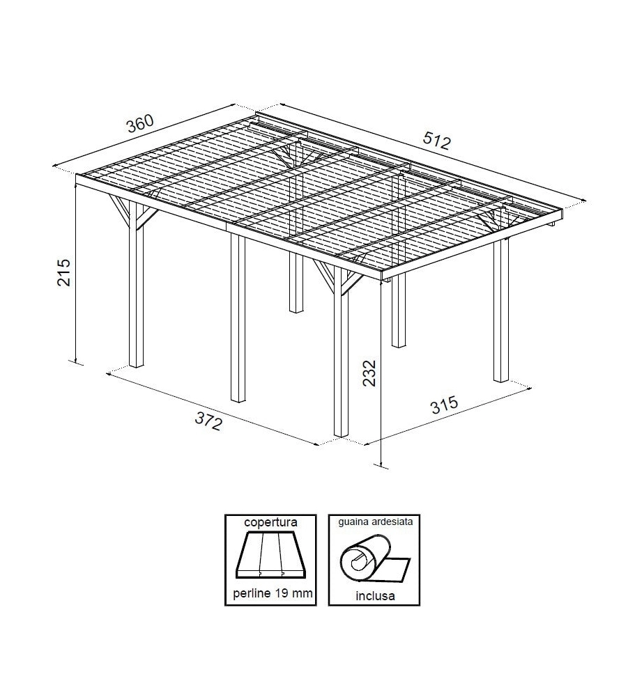 Carport singolo in legno di abete 512x360x232 cm