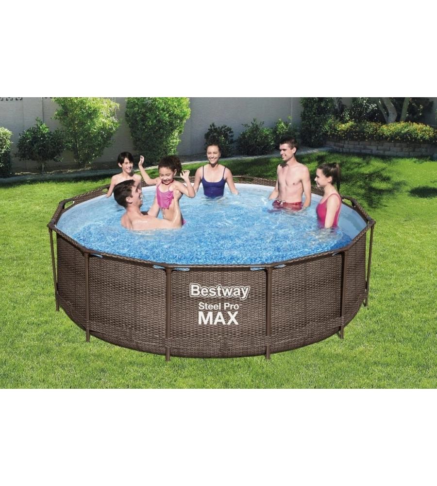 Piscina fuori terra con struttura rotonda bestway "steel pro max" effetto rattan 366x366x100 cm
