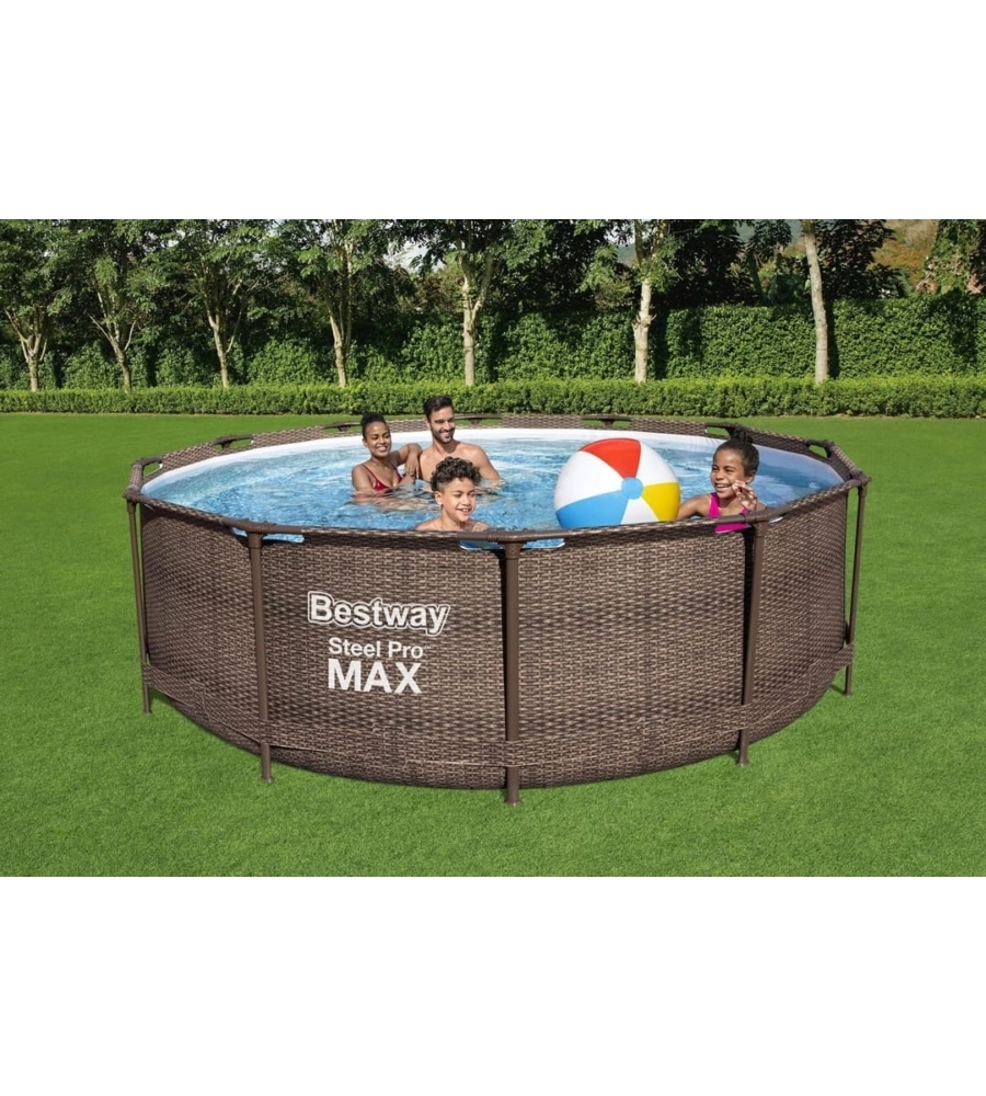 Piscina fuori terra con struttura rotonda bestway "steel pro max" effetto rattan 366x366x100 cm