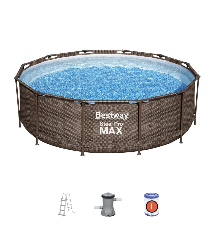 Piscina fuori terra con struttura rotonda bestway "steel pro max" effetto rattan 366x366x100 cm