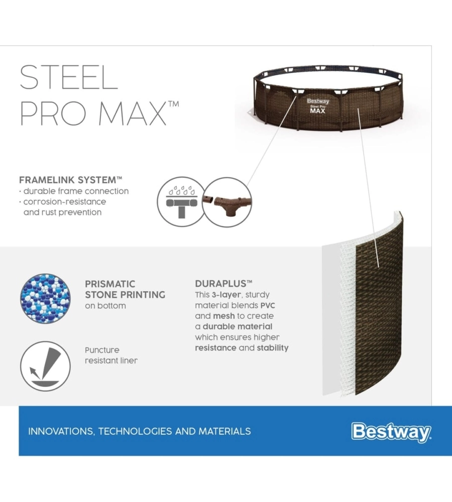 Piscina fuori terra con struttura rotonda bestway "steel pro max" effetto rattan 366x366x100 cm