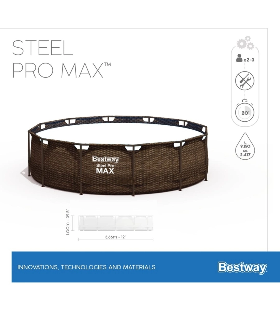Piscina fuori terra con struttura rotonda bestway "steel pro max" effetto rattan 366x366x100 cm