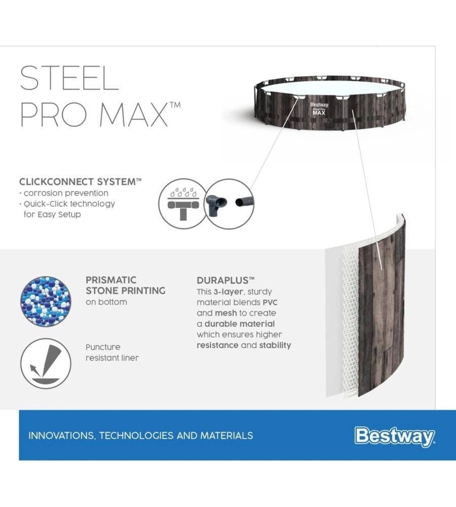 Piscina fuori terra con struttura rotonda bestway "steel pro max" effetto legno scuro 427x427x107 cm