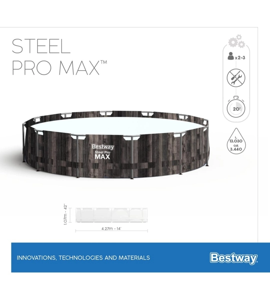 Piscina fuori terra con struttura rotonda bestway "steel pro max" effetto legno scuro 427x427x107 cm