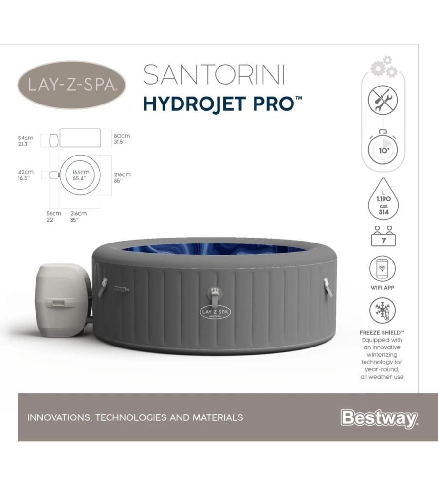 Piscina idromassaggio gonfiabile bestway "lay-z-spa santorini hydrojet pro" per 5-7 persone