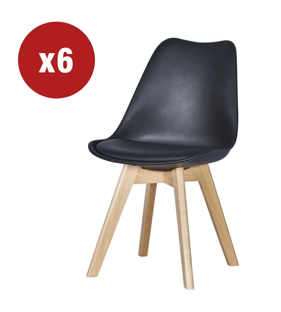 Sedia da pranzo "leila" nero con gambe in legno 6 pezzi