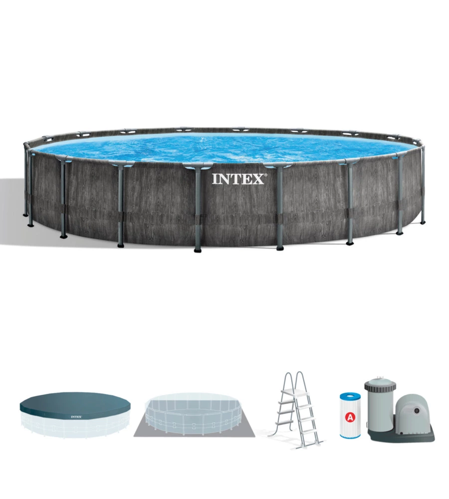 Piscina fuori terra con struttura rotonda intex "prisma frame greywood" effetto legno antracite 549x549x122 cm - cod. 26744np