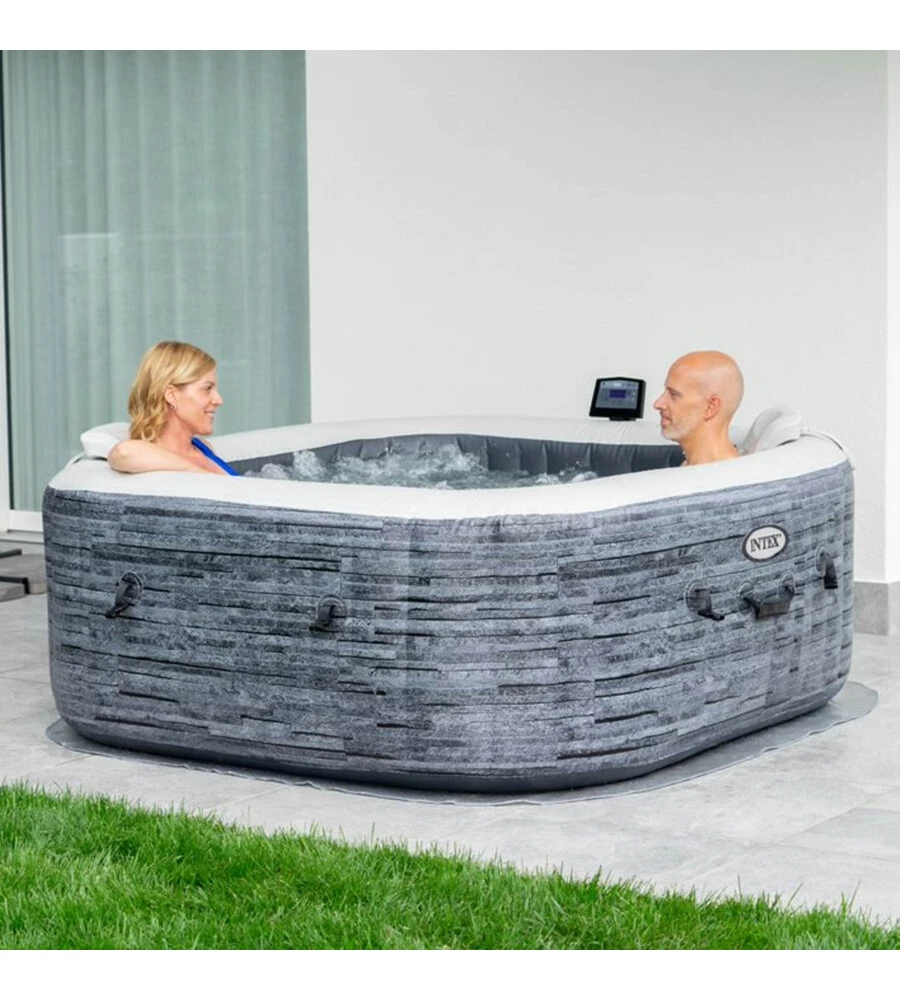 Piscina idromassaggio gonfiabile intex "greystone deluxe" grigio effetto pietra 4 posti 175x175x71 cm - cod. 28450