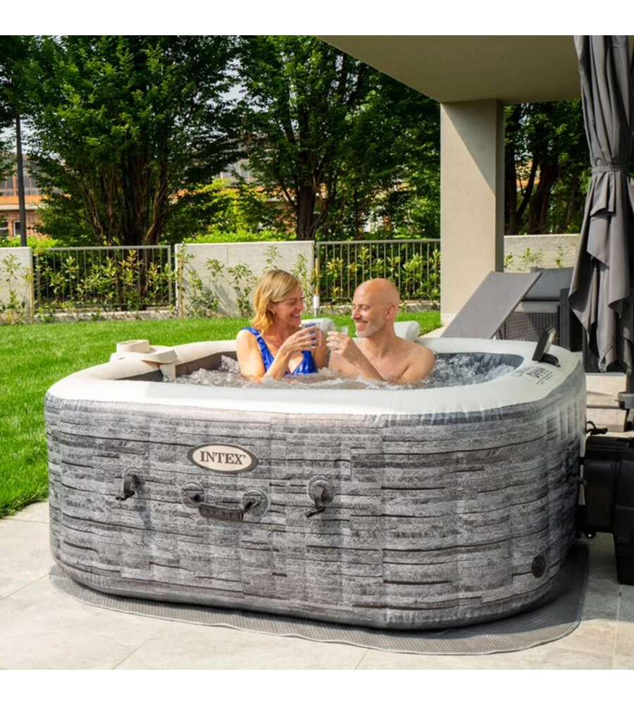 Piscina idromassaggio gonfiabile intex "greystone deluxe" grigio effetto pietra 4 posti 175x175x71 cm - cod. 28450