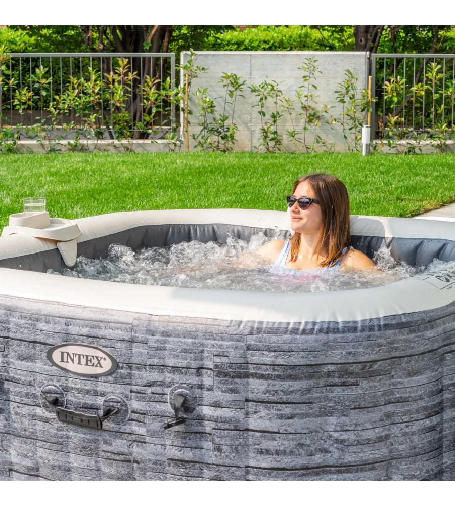 Piscina idromassaggio gonfiabile intex "greystone deluxe" grigio effetto pietra 4 posti 175x175x71 cm - cod. 28450