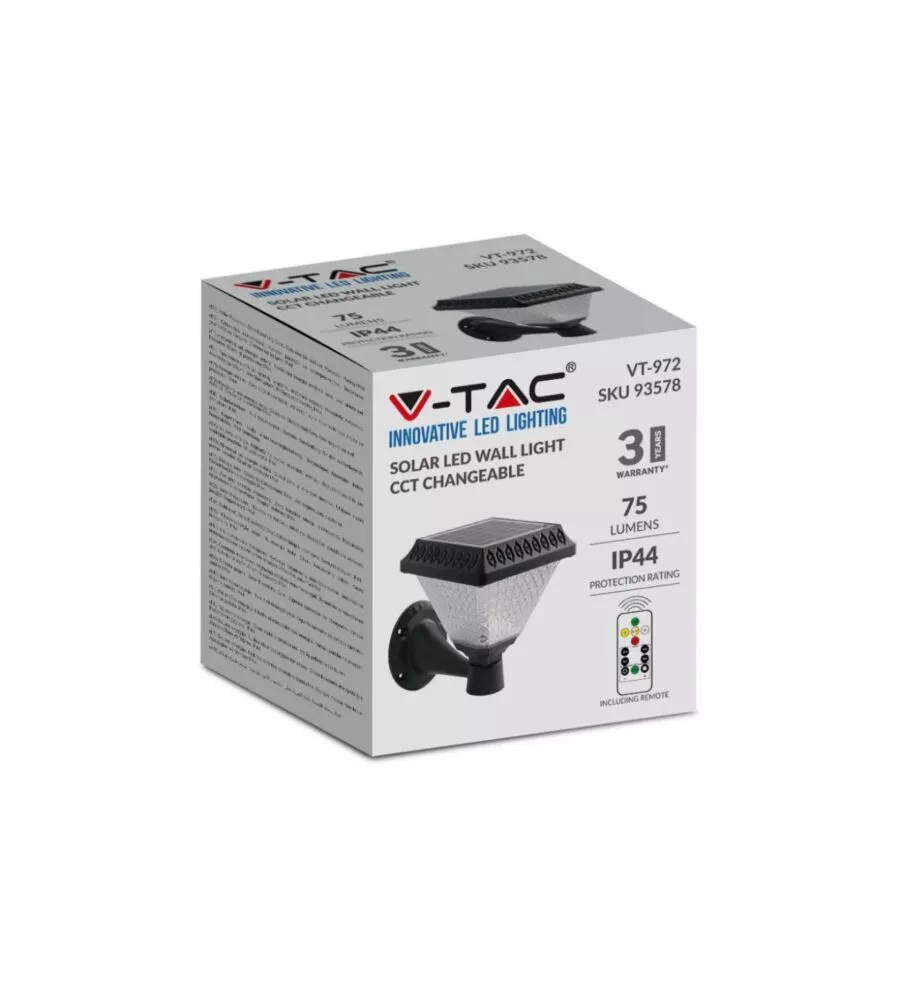 Applique led solare vtac nero a piramide con telecomando 3in1