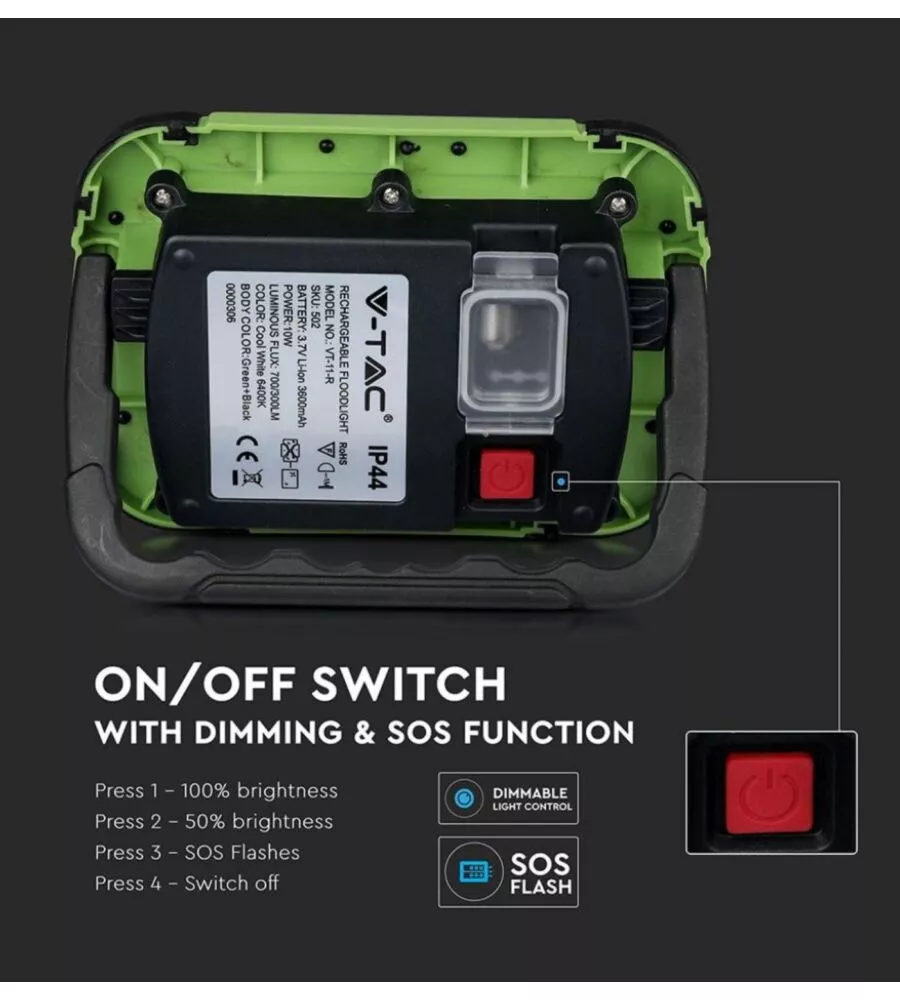 Faro led ricaricabile vtac con sos flash verde 4000k 20w