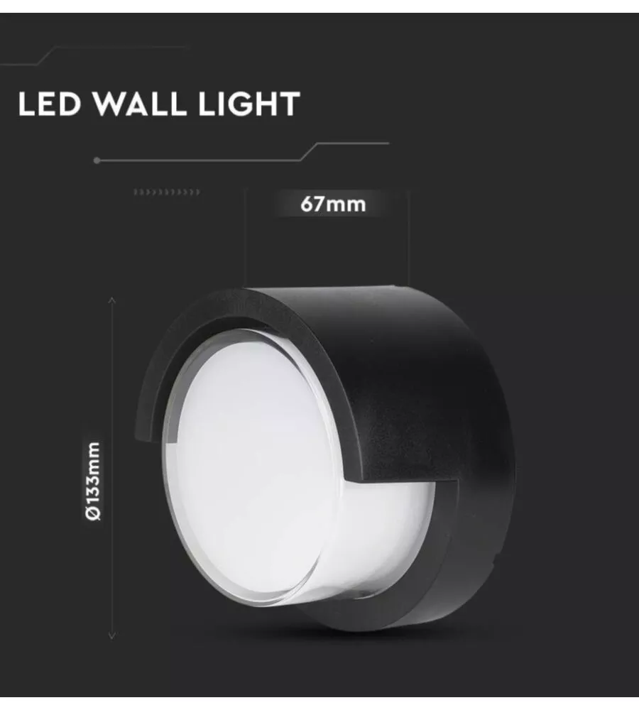 Applique led da esterno rotonda semicoperta vtac nero 3000k 7w