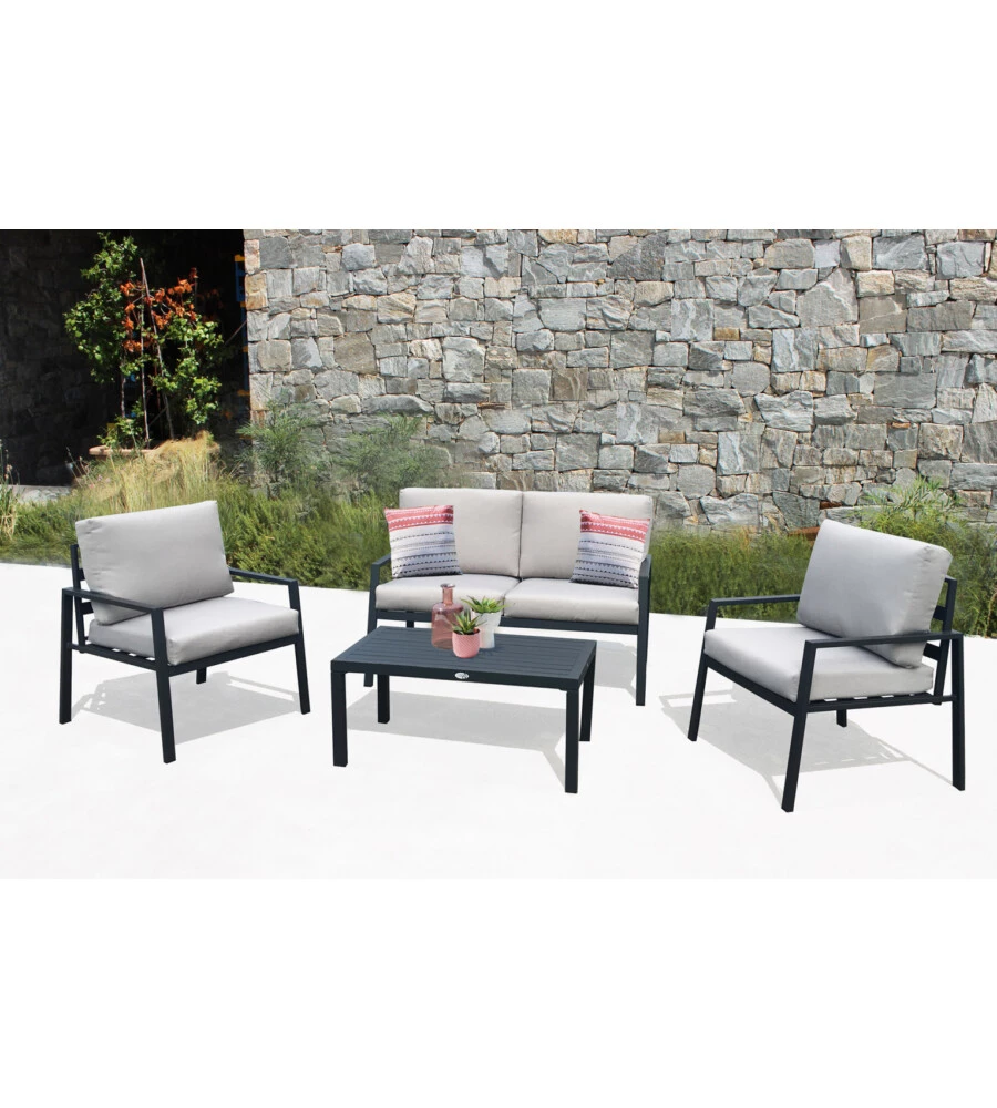 Set da giardino elica garden "helsinki" in alluminio antracite con 2 poltrone, un divano e un tavolino