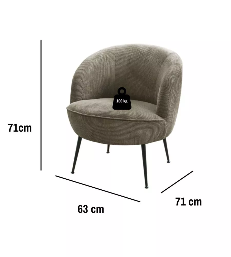 Poltrona 'nora' in velluto a coste grigio 63x71x71 cm
