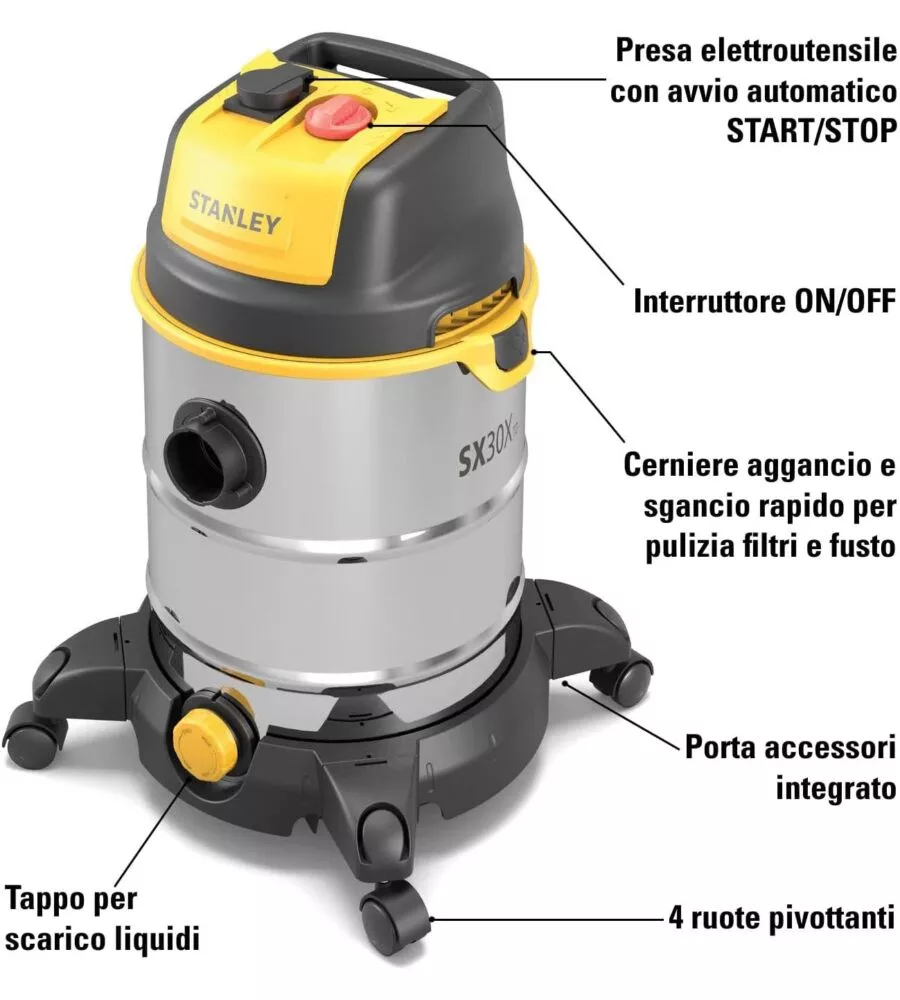 Outlet - usato per prova - aspiratore solidi liquidi elettrico stanley "sxvc30xtde" 1600w 30lt 36,5 l/s