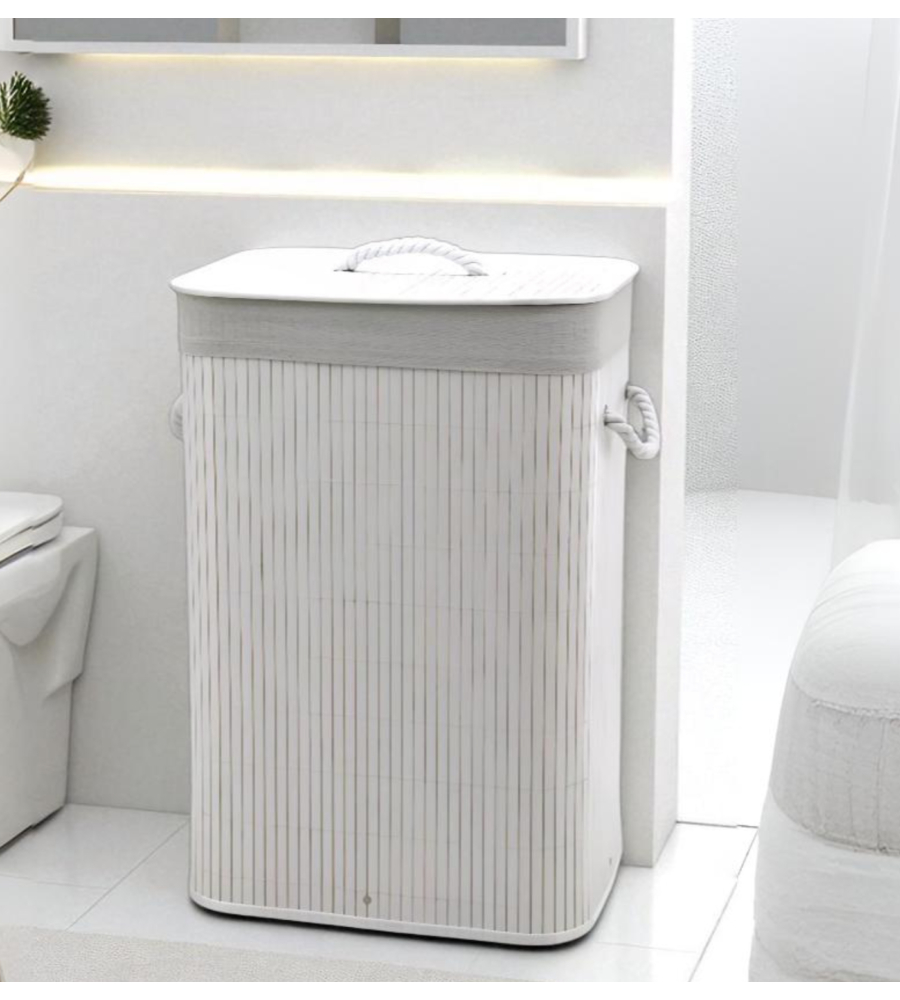 Portabiancheria in bambÙ decor bagno bianco 40x30x60 cm
