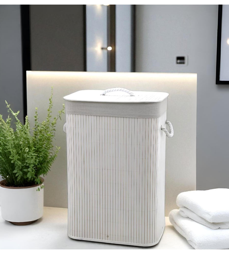 Portabiancheria in bambÙ decor bagno bianco 40x30x60 cm