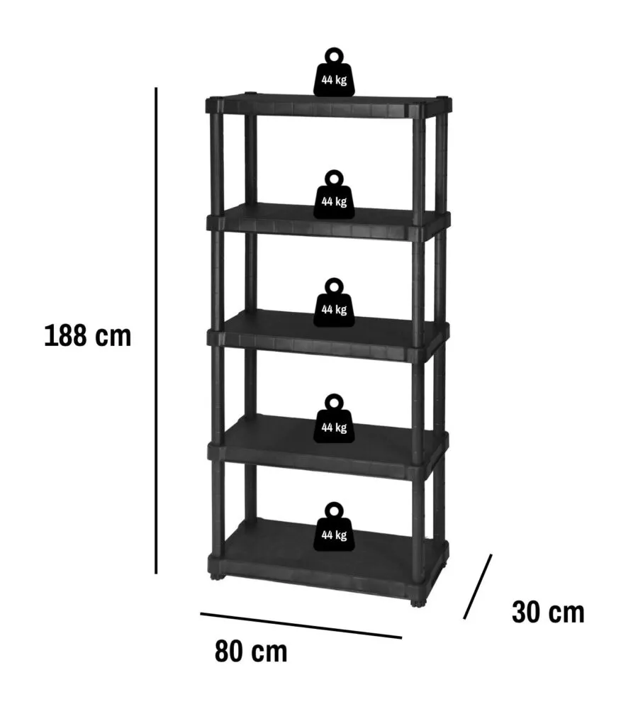 Scaffale 5 ripiani in polipropilene 'oceano' nero 80x30x188 cm