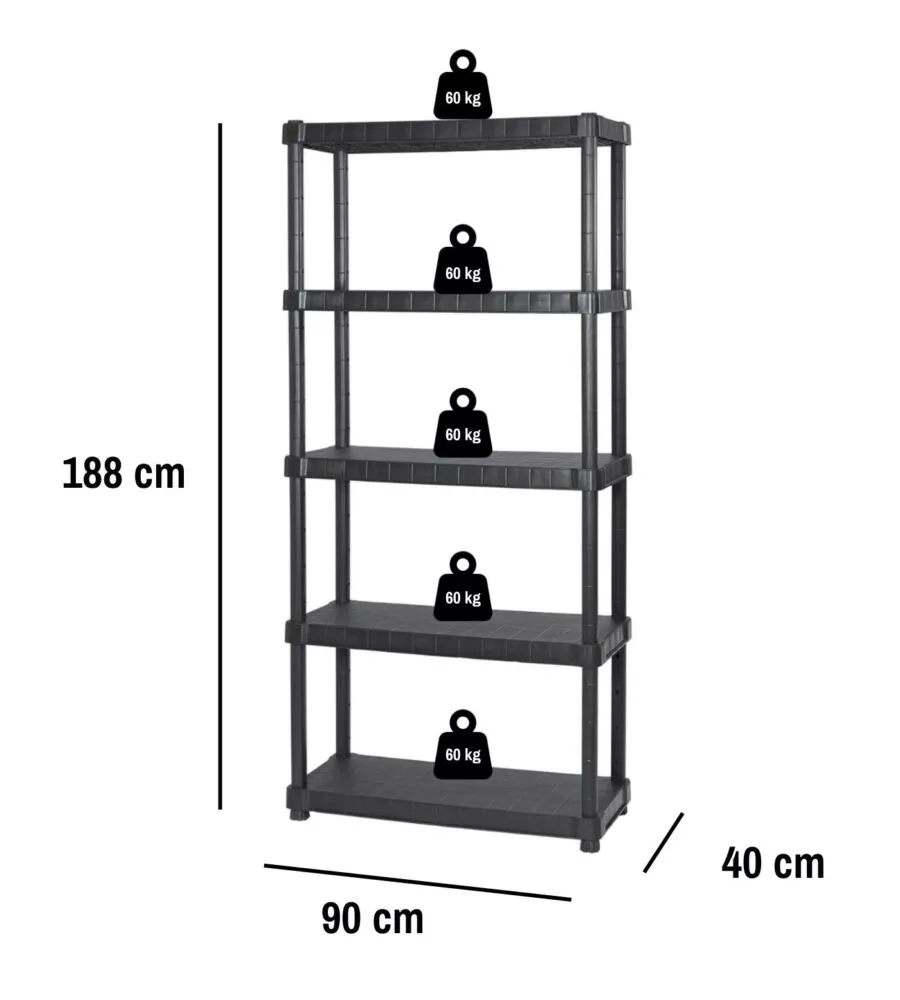 Scaffale 5 ripiani in polipropilene 'urano' nero 90x40x188 cm