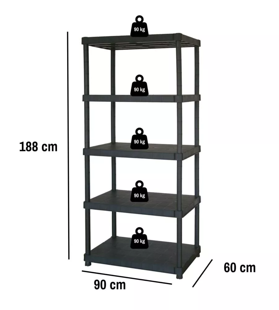 Scaffale 5 ripiani in polipropilene 'krios' nero 90x60x188 cm