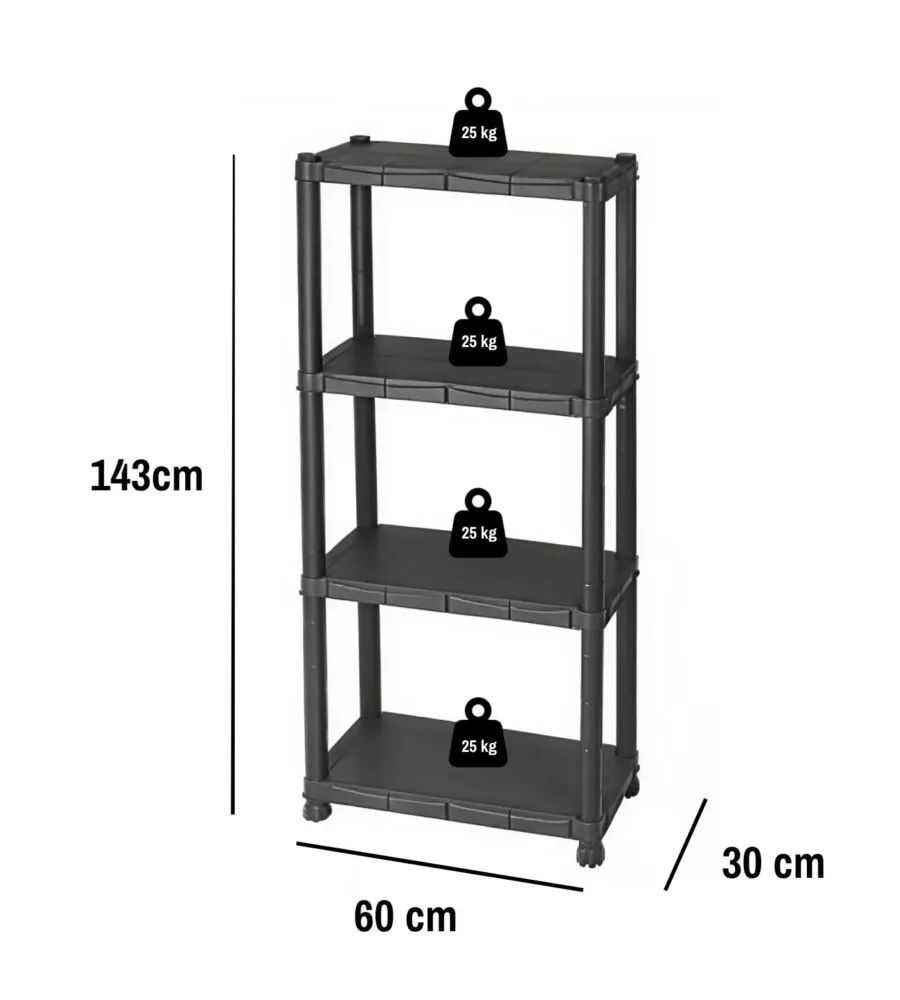 Scaffale 4 ripiani in polipropilene 'kronos' nero 60x30x143 cm