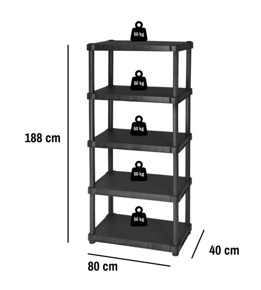 Scaffale 5 ripiani in polipropilene 'helios' nero 80x40x188 cm