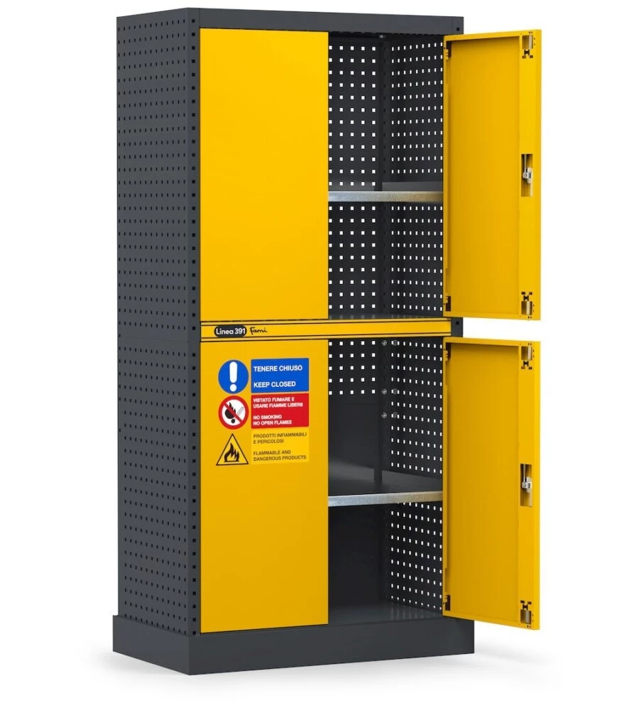 Armadio per infiammabili fami "linea 391" con vasca stagna esterna in lamiera giallo 94,4x54x190 cm