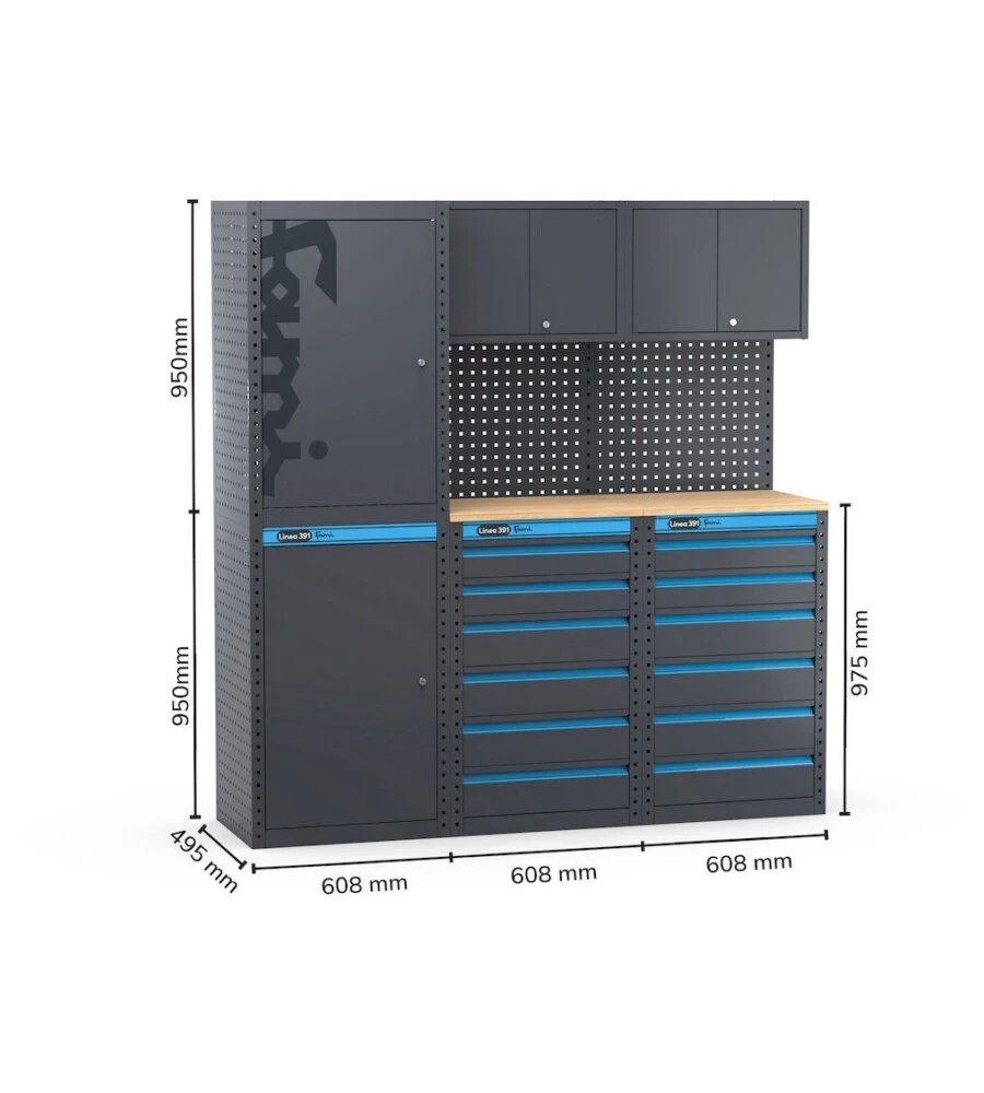 Moduli per garage fami 'linea 391' con armadi 1 anta e cassettiere in lamiera antracite 182,4x49,5x190 cm
