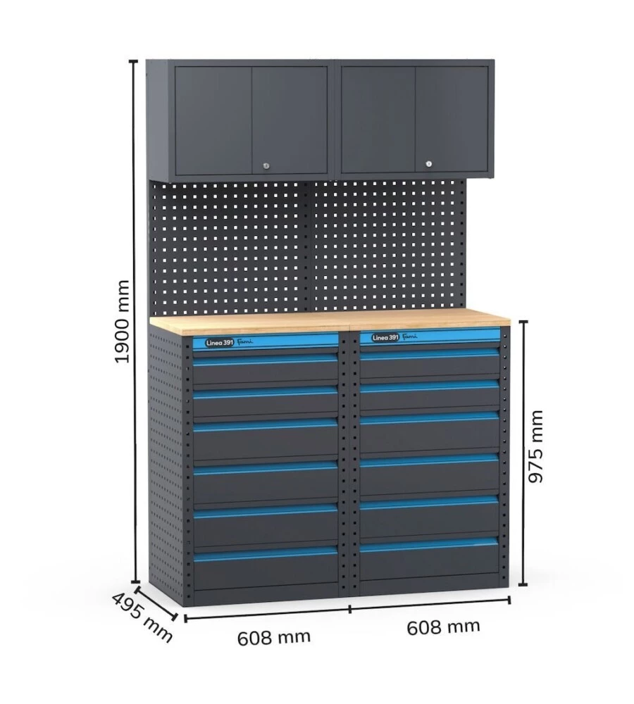 Moduli per garage fami 'linea 391' con cassettiere in lamiera antracite 121,6x49,5x190 cm