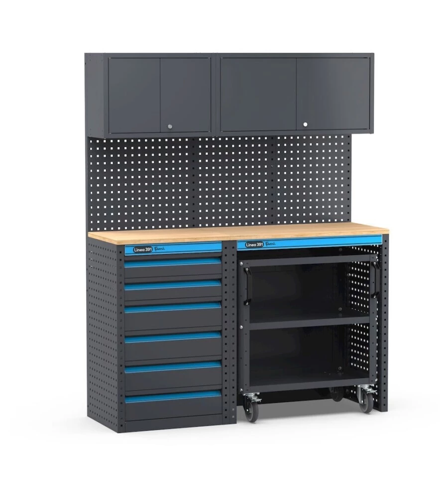 Moduli per garage fami "linea 391" con cassettiera e carrello a 3 piani in lamiera antracite 152x49,5x190 cm