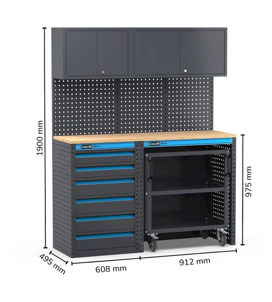 Moduli per garage fami 'linea 391' con cassettiera e carrello a 3 piani in lamiera antracite 152x49,5x190 cm