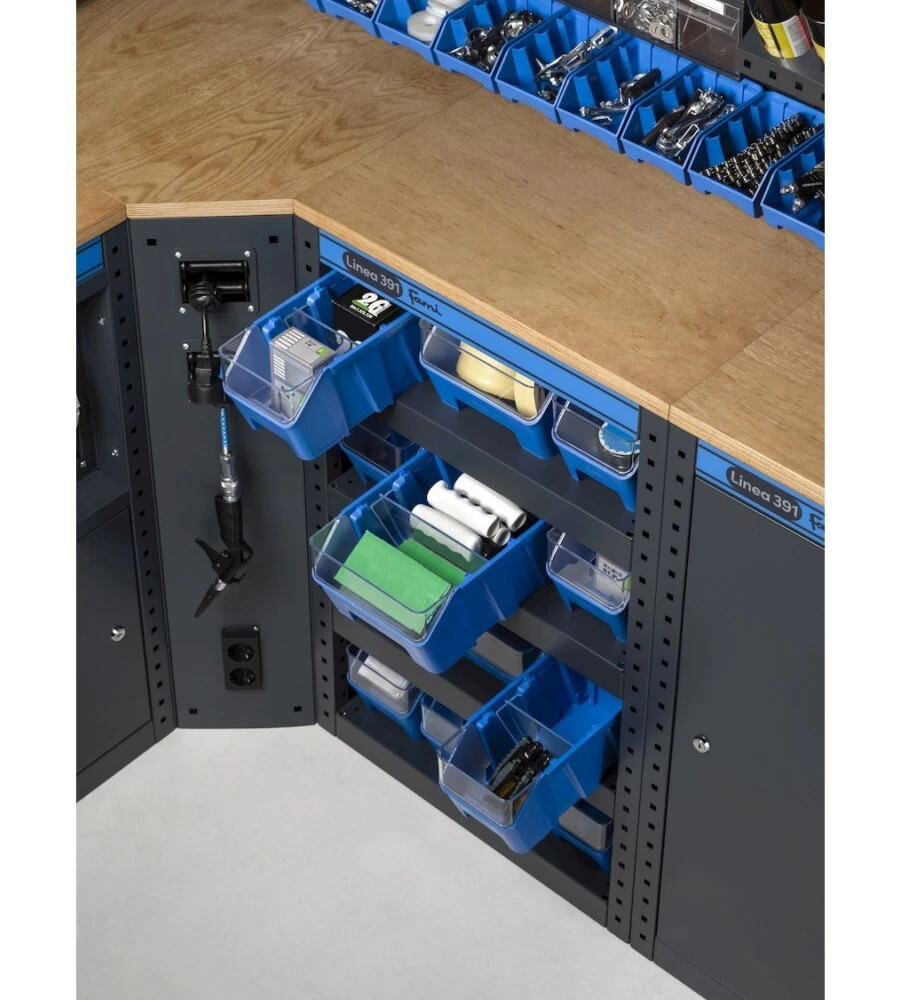 Moduli per garage fami "linea 391" con armadi con 1 anta, carrello a 3 piani e contenitori in lamiera antracite 212,8x49,5x190 cm