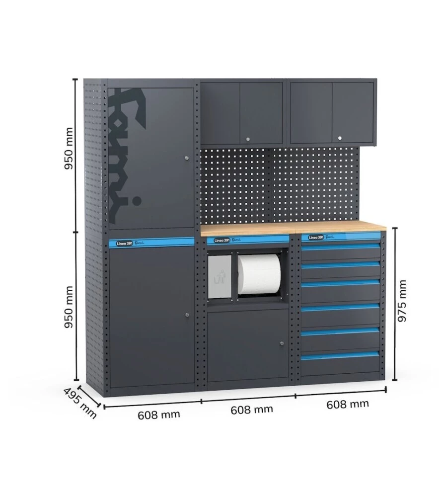 Moduli per garage fami 'linea 391' con armadi a 1 anta, modulo di servizio e cassettiera in lamiera antracite 182,4x49,5x190 cm
