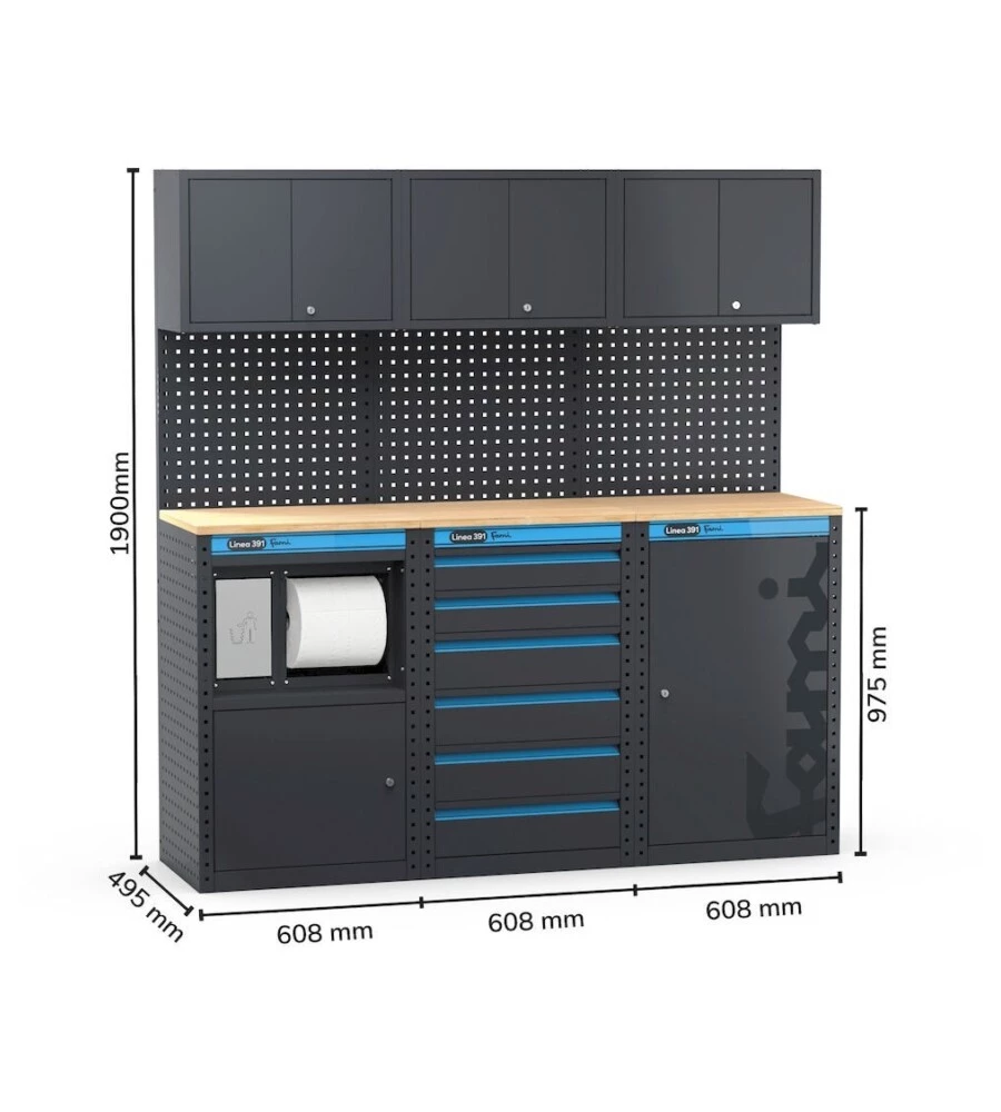 Moduli per garage fami 'linea 391' con modulo di servizio, cassettiera e armadio 1 anta in lamiera antracite 182,4x49,5x190 cm