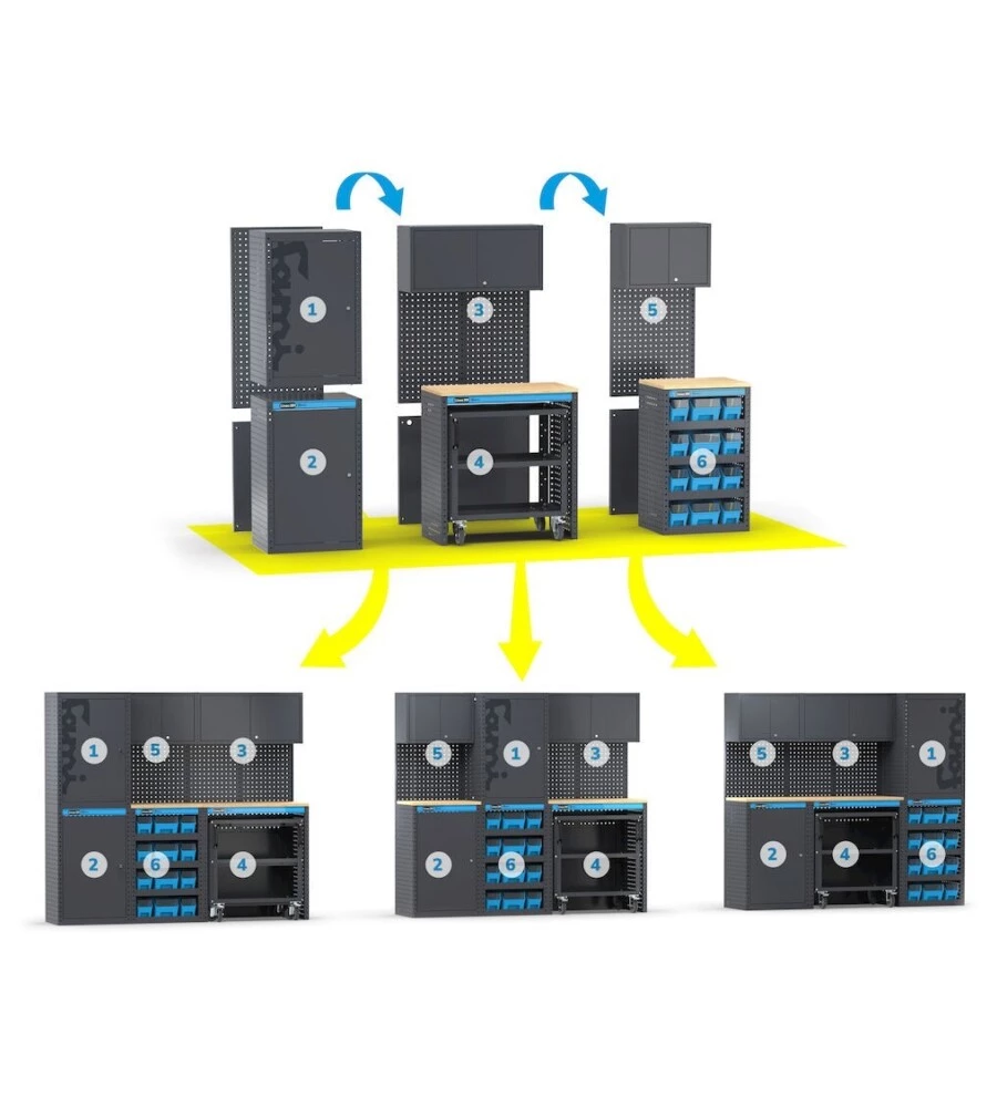 Moduli per garage fami "linea 391" con armadi a 1 anta e cassettiera in lamiera antracite 182,4x49,5x190 cm