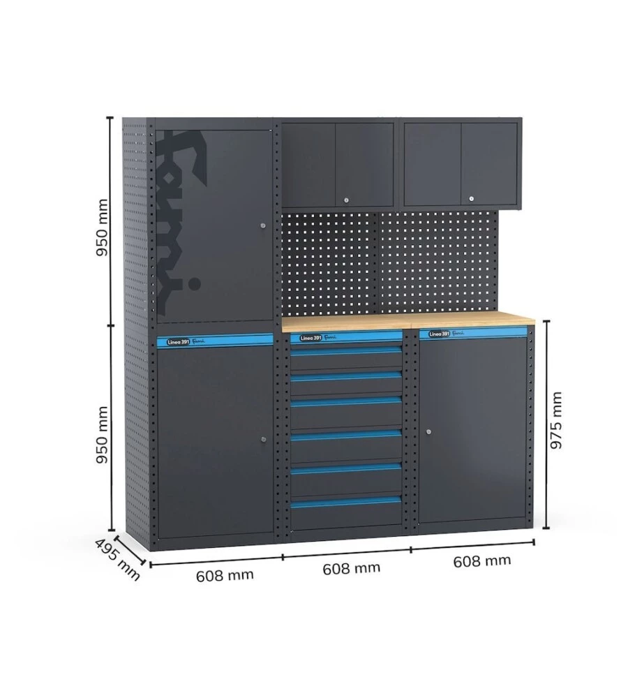 Moduli per garage fami 'linea 391' con armadi a 1 anta e cassettiera in lamiera antracite 182,4x49,5x190 cm