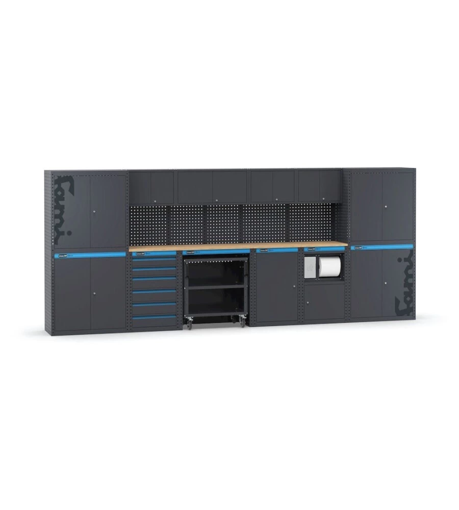 Moduli per garage fami "linea 391" con armadi ad anta, cassettiera, carrello e modulo di servizio in lamiera antracite 456x49,5x190 cm