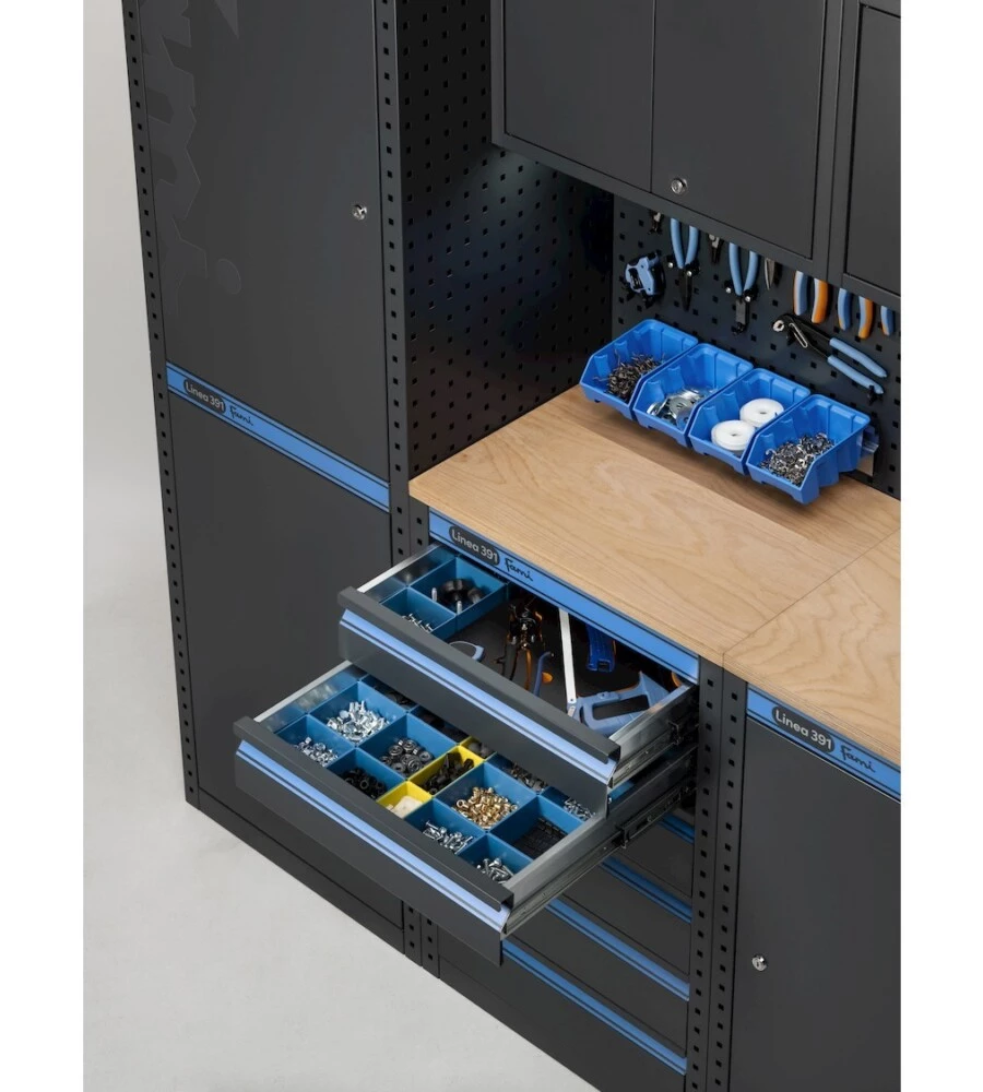 Moduli per garage fami "linea 391" con armadi ad anta, cassettiera, carrello e modulo di servizio in lamiera antracite 456x49,5x190 cm