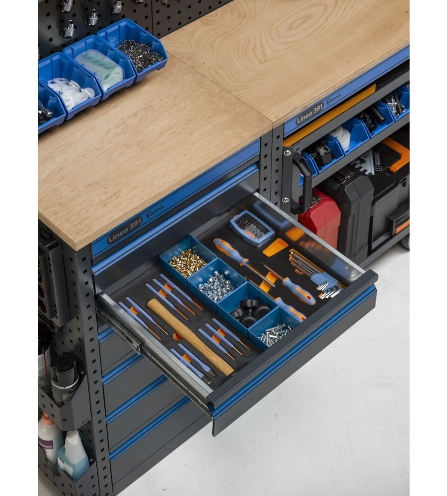 Moduli per garage fami "linea 391" con armadi ad anta, cassettiera, carrello e modulo di servizio in lamiera antracite 456x49,5x190 cm