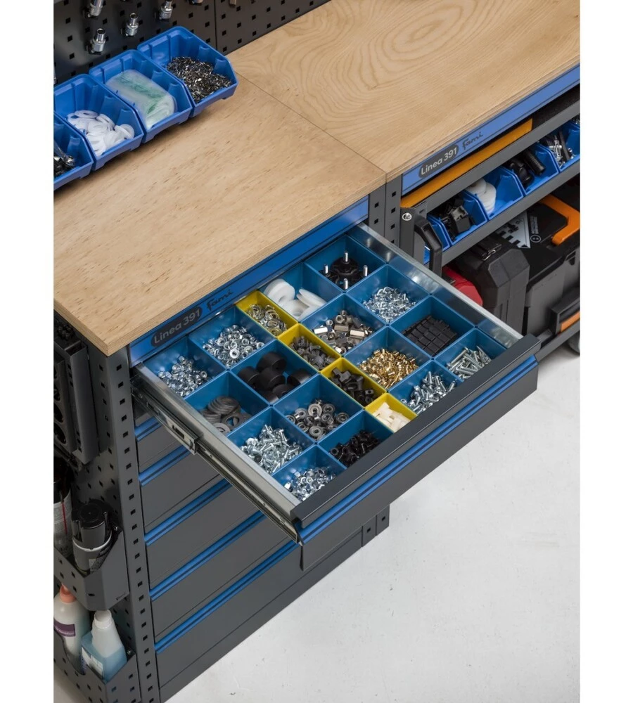 Moduli per garage fami "linea 391" con armadi ad anta, cassettiera, carrello e modulo di servizio in lamiera antracite 456x49,5x190 cm