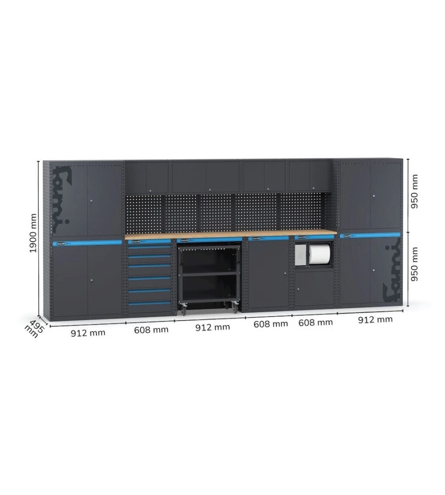 Moduli per garage fami 'linea 391' con armadi ad anta, cassettiera, carrello e modulo di servizio in lamiera antracite 456x49,5x190 cm