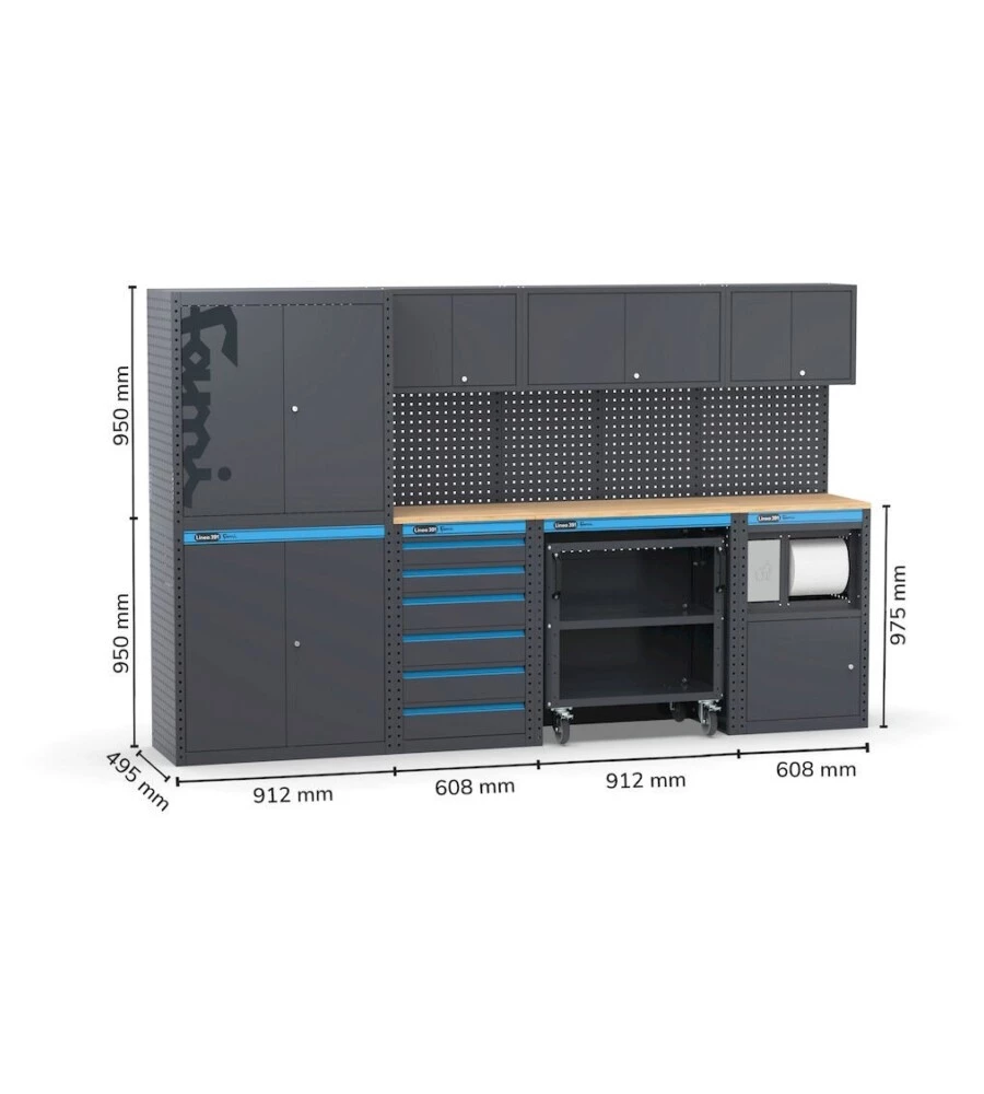 Moduli per garage fami 'linea 391' con armadi a due ante, cassettiera, carrello e modulo di servizio in lamiera antracite 304x49,5x190 cm