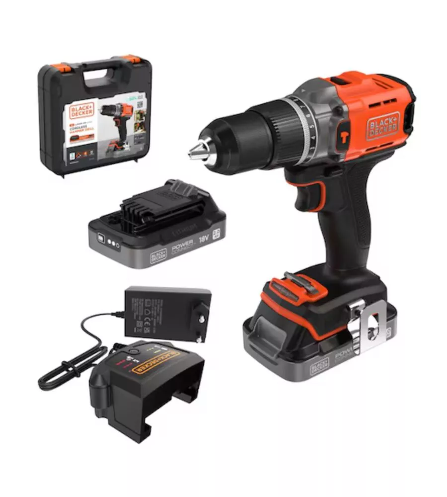 Kit valigetta trapano avvitatore a percussione a batteria black+decker "bcd383d2xk-qw" 2 batterie 18v