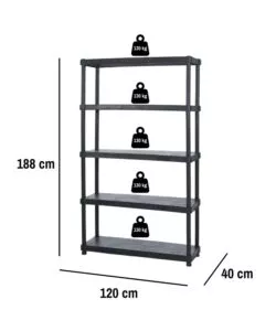 Scaffale 5 ripiani in polipropilene 'titano' nero 120x40x188 cm