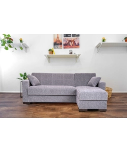 Divano letto "merlin" in tessuto grigio con cassettone e penisola reversibile, 225x150x81 cm